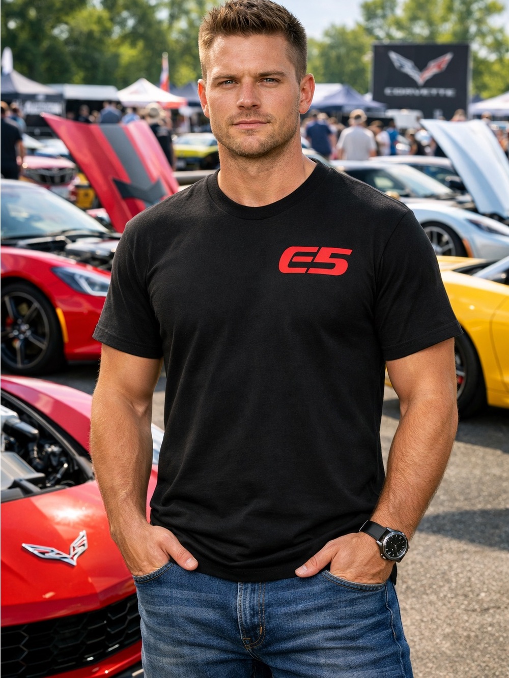 E5 Custom Corvette Wheels Black with Red Logo Unisex Tee Shirt size Medium